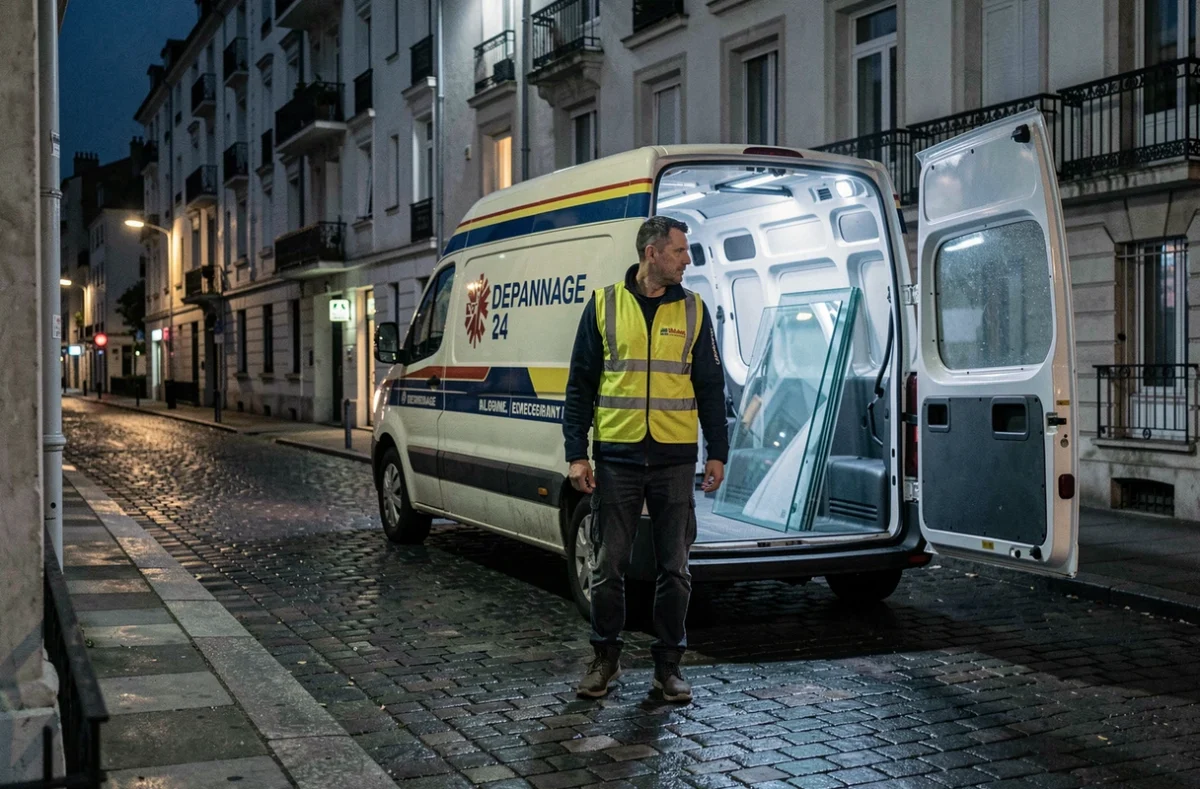 Vitrier d'urgence Depannage 24 intervenant de nuit dans une rue de Lyon avec son véhicule d'intervention