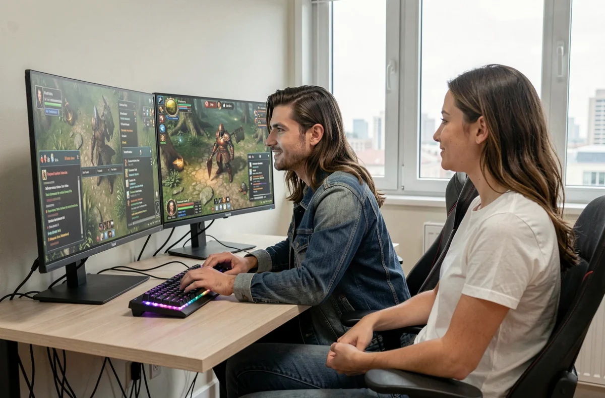Deux joueurs adultes en coopération sur un MMORPG fantasy, illustrant une méthode rapide et safe pour résoudre la crise sanitaire dans Dofus en 2026
