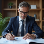 Economiste français en bureau moderne examinant des rapports