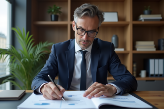 Economiste français en bureau moderne examinant des rapports