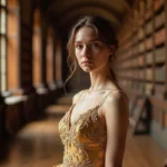 Jeune femme en robe de bal dorée dans une bibliothèque baroque, évoquant l'univers de La Belle et la Bête