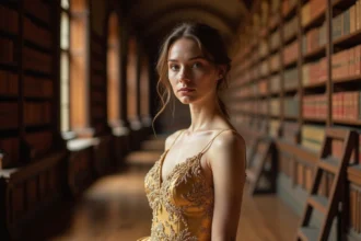Jeune femme en robe de bal dorée dans une bibliothèque baroque, évoquant l'univers de La Belle et la Bête