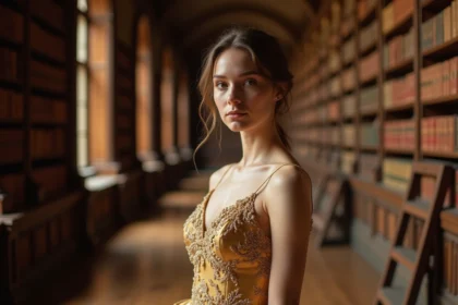 Jeune femme en robe de bal dorée dans une bibliothèque baroque, évoquant l'univers de La Belle et la Bête