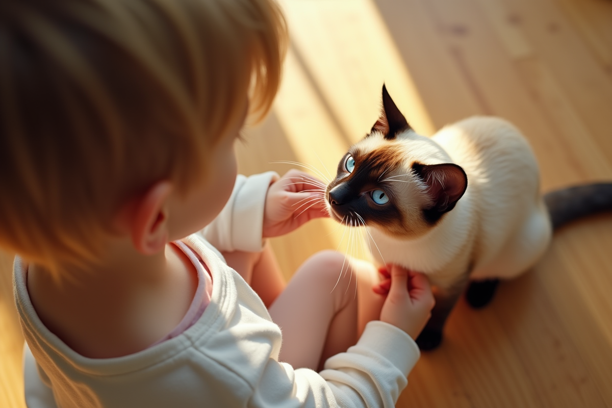 Enfant et chat siamois jouent sur le sol en matinée lumineuse