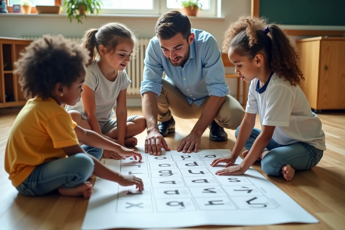 Enseignant avec enfants autour d un tableau alphabet en classe