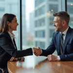 Deux professionnels se serrant la main dans un bureau moderne