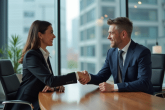Deux professionnels se serrant la main dans un bureau moderne