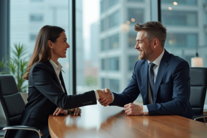 Deux professionnels se serrant la main dans un bureau moderne