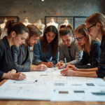 Equipe de mode en studio avec croquis et tissus