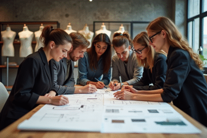 Equipe de mode en studio avec croquis et tissus