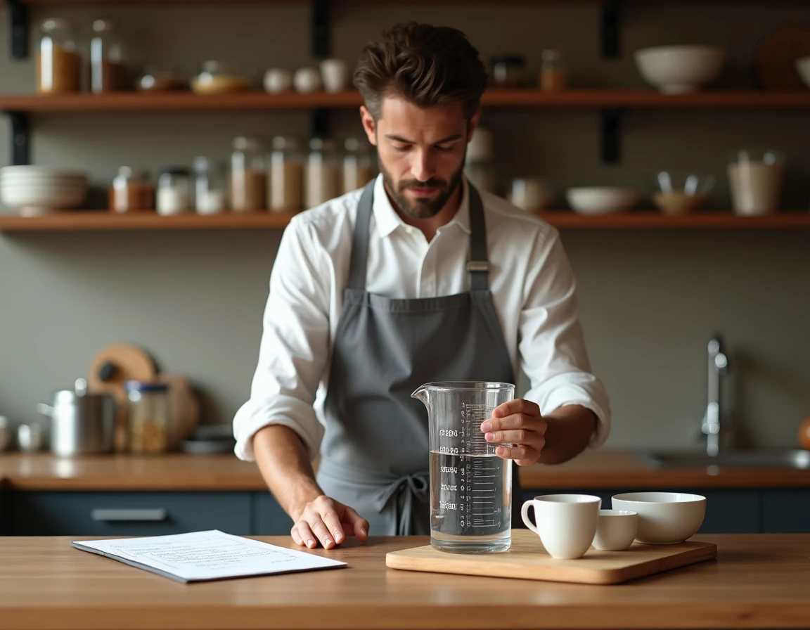 Cuisinier consultant une fiche de conversion litres millilitres à côté d'un grand pichet gradué dans une cuisine domestique
