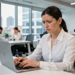 Femme professionnelle lisant un email confus sur son ordinateur portable dans un bureau moderne, illustrant les erreurs courantes dans la rédaction de mails professionnels