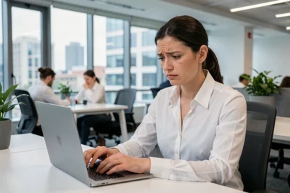 Femme professionnelle lisant un email confus sur son ordinateur portable dans un bureau moderne, illustrant les erreurs courantes dans la rédaction de mails professionnels