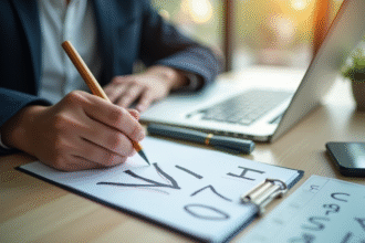 Espace de travail moderne avec un professionnel écrivant V