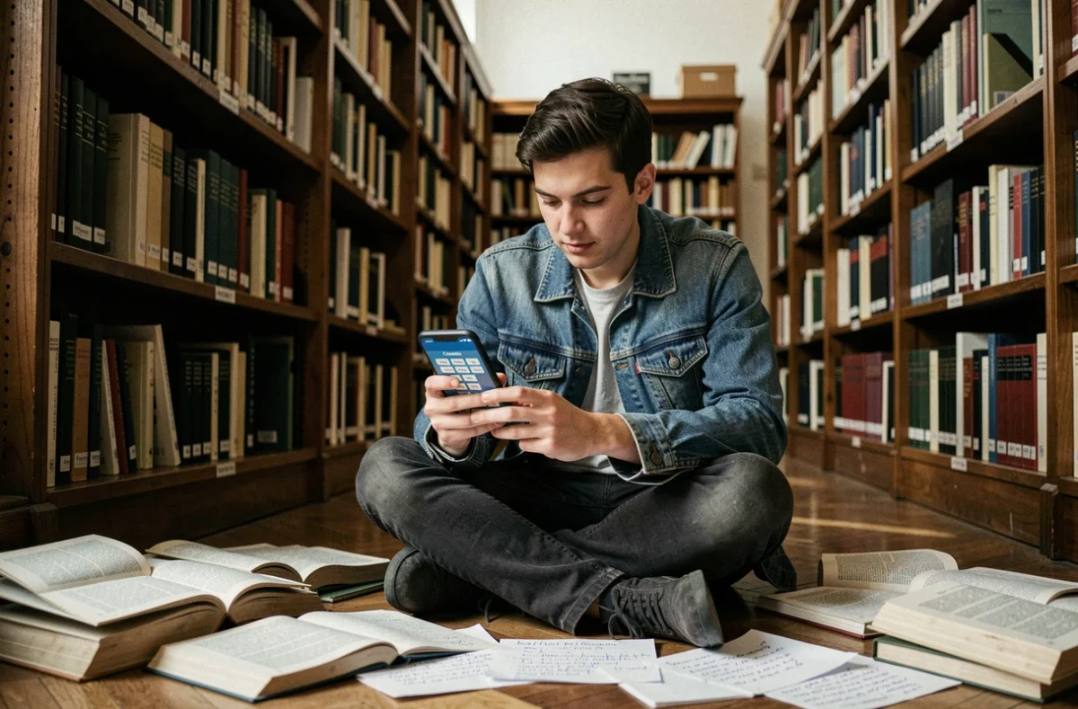 Étudiant jouant à Cémantix sur smartphone entouré de livres de vocabulaire français dans une bibliothèque universitaire