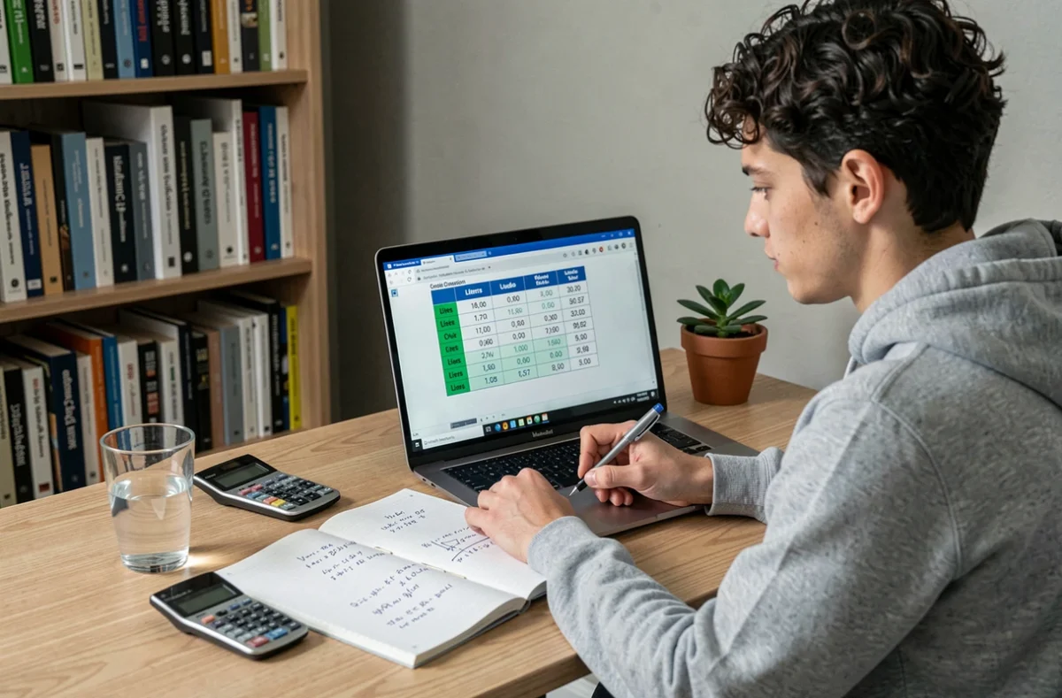 Étudiant en ingénierie travaillant sur un tableau de conversion litre m3 à son bureau à domicile