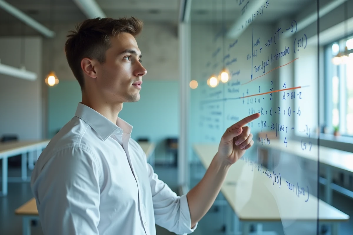 Étudiant expliquant l'équation réduite d'une tangente sur un tableau en verre dans une salle d'étude moderne