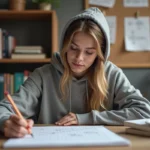 Étudiante vérifiant une équation réduite de tangente sur du papier quadrillé à son bureau universitaire