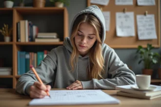 Étudiante vérifiant une équation réduite de tangente sur du papier quadrillé à son bureau universitaire