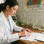 Étudiante en chimie consultant un tableau de conversion litre m3 dans un laboratoire universitaire