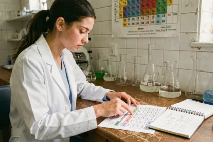 Étudiante en chimie consultant un tableau de conversion litre m3 dans un laboratoire universitaire