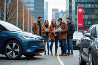 Groupe de personnes devant une voiture électrique en exposition urbaine