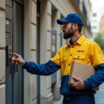 Facteur La Poste en uniforme devant l'interphone d'un immeuble résidentiel tenant un colis