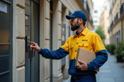 Facteur La Poste en uniforme devant l'interphone d'un immeuble résidentiel tenant un colis