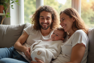 Famille heureuse dans un salon lumineux avec bébé