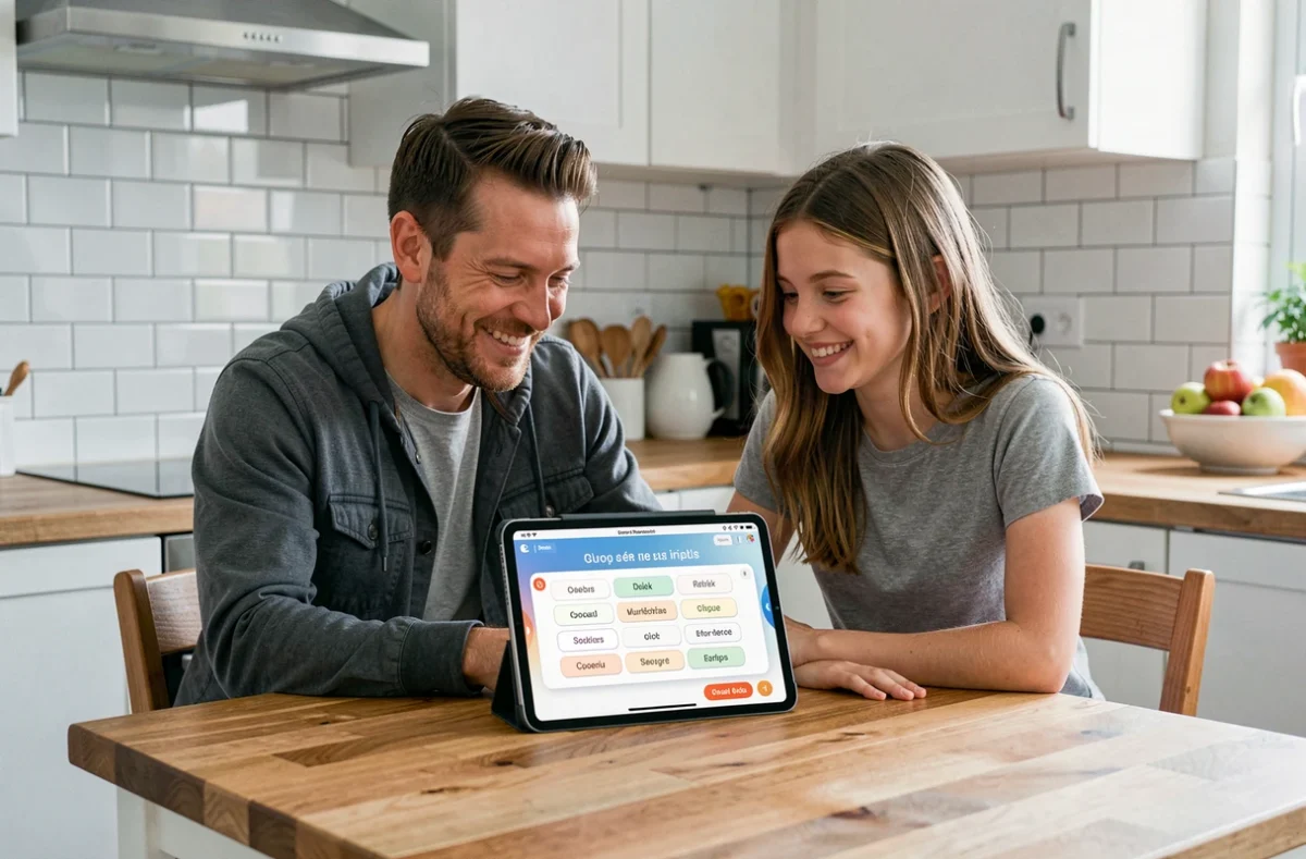 Père et adolescente jouant ensemble à un jeu de vocabulaire français sur tablette dans une cuisine familiale