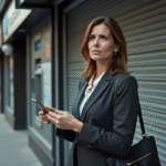 Femme d affaires devant une banque fermée et verrouillée