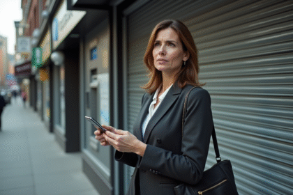 Femme d affaires devant une banque fermée et verrouillée