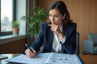 Femme d'affaires en bureau analysant un rapport financier