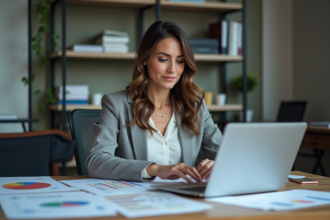 Femme d'affaires organisée avec des graphiques financiers