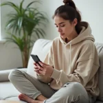 Jeune femme analysant les meilleures heures de publication sur TikTok le vendredi depuis son smartphone dans un appartement minimaliste