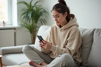 Jeune femme analysant les meilleures heures de publication sur TikTok le vendredi depuis son smartphone dans un appartement minimaliste
