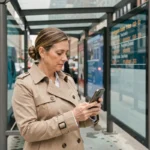 Femme consultant l'application de suivi en temps réel du bus 91 sur son smartphone à un arrêt de bus moderne en ville