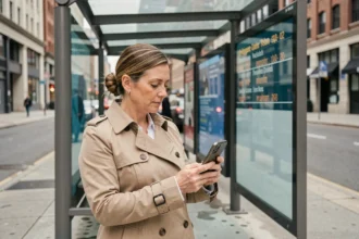 Femme consultant l'application de suivi en temps réel du bus 91 sur son smartphone à un arrêt de bus moderne en ville