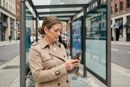 Femme consultant l'application de suivi en temps réel du bus 91 sur son smartphone à un arrêt de bus moderne en ville