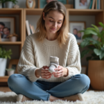 Femme souriante tenant un petit chausson de bébé dans un intérieur cosy
