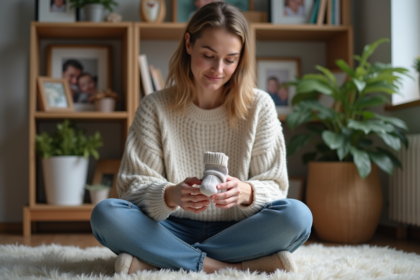 Femme souriante tenant un petit chausson de bébé dans un intérieur cosy