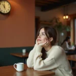 Femme songeuse dans un café regardant une horloge affichant 12h12, symbole des heures miroirs et de l'amour