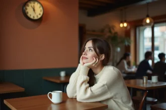 Femme songeuse dans un café regardant une horloge affichant 12h12, symbole des heures miroirs et de l'amour