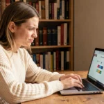 Jeune femme jouant à Cémantix sur un ordinateur portable dans un bureau cosy entouré de livres en français