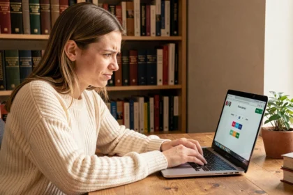 Jeune femme jouant à Cémantix sur un ordinateur portable dans un bureau cosy entouré de livres en français