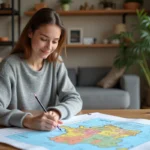 Jeune femme coloriant une carte de France à la maison