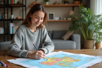 Jeune femme coloriant une carte de France à la maison
