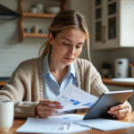 Jeune femme compare reçus et graphique sur tablette