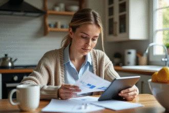 Jeune femme compare reçus et graphique sur tablette