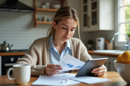 Jeune femme compare reçus et graphique sur tablette